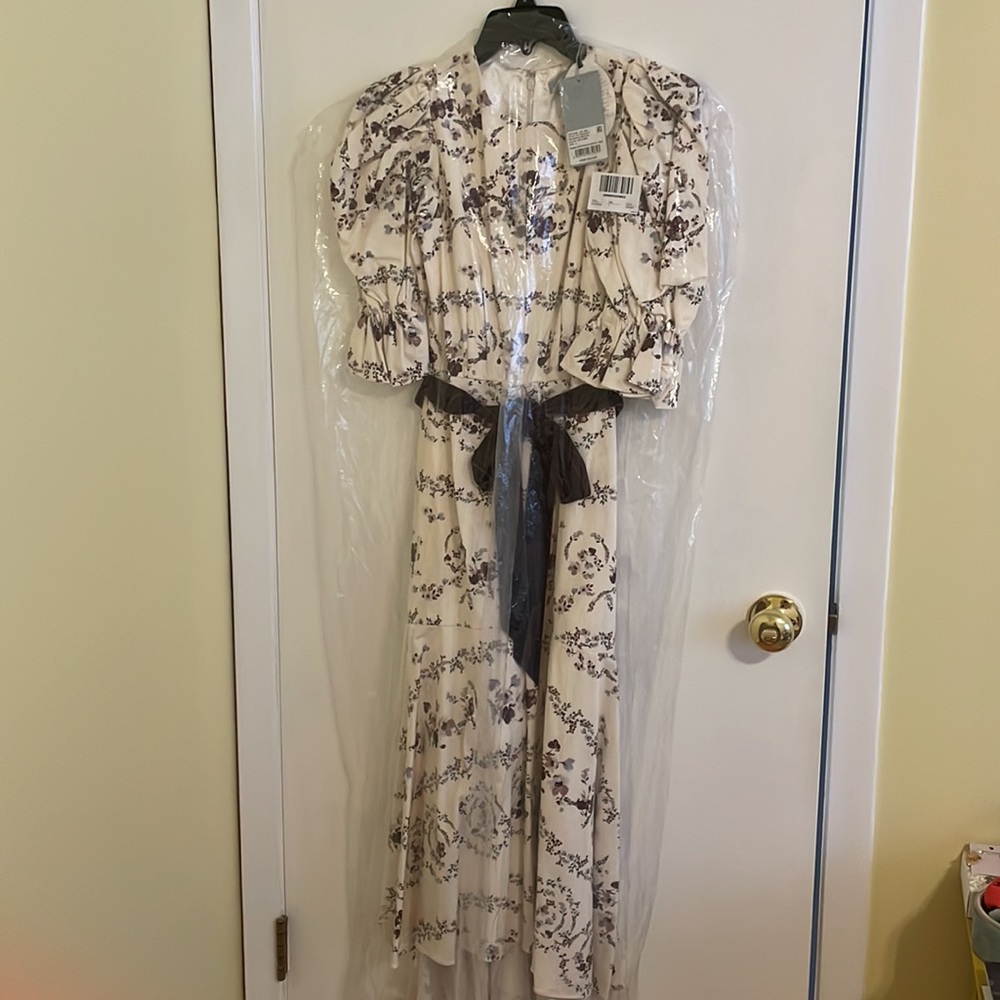 BRAND NWT ANTONIO MELANI Cream Floral Puff-Sleeve Dress with Burgundy Velve - Picture 4 of 4